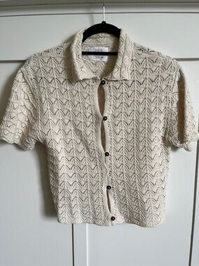 Zara Cream Crochet Short-Sleeve Button-Up Cardigan